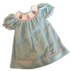 Boutique Smocked Bishop Seersucker Dress Embroidered Easter Bunnies Size 6 Month